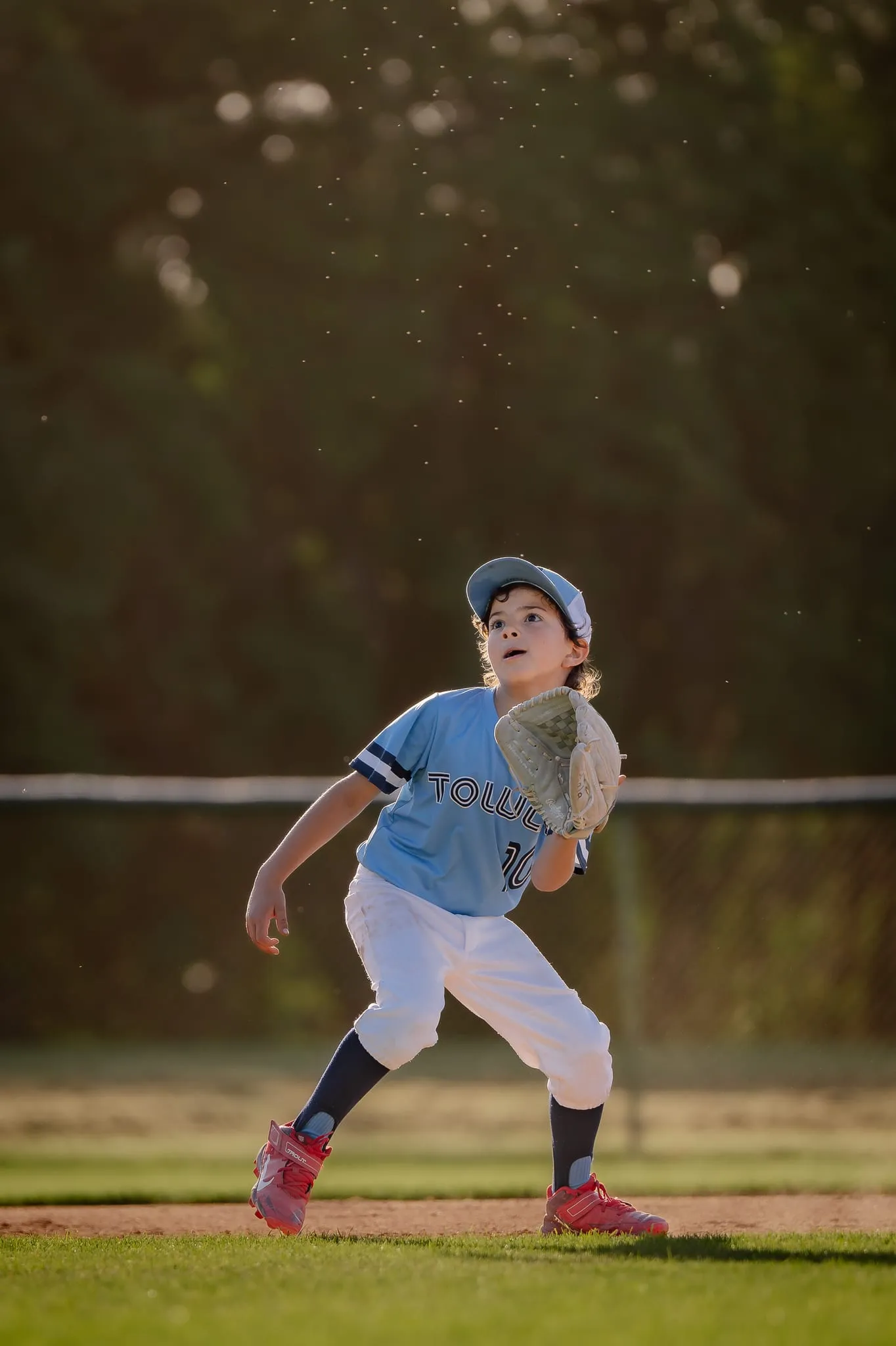 Backlit fielder tracks a pop fly, dust glowing in the evening light